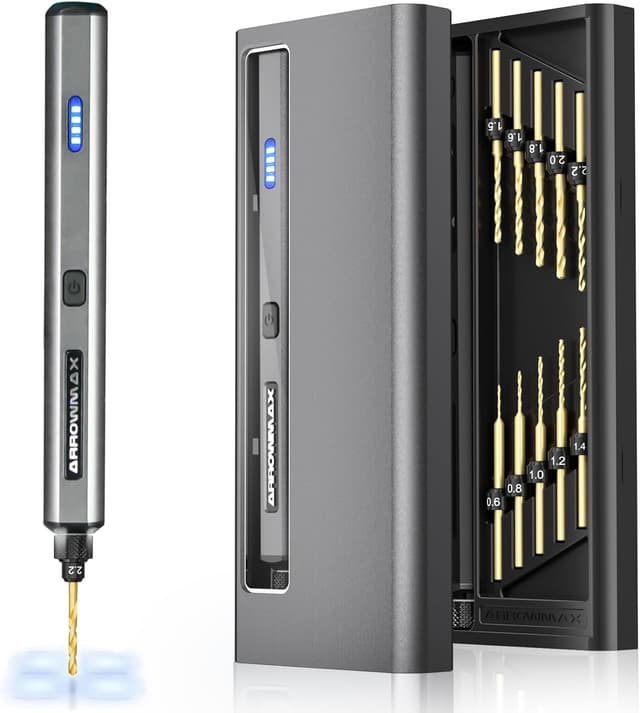 Detalle de ARROWMAX Mini penna trapano 13 in 1 ricaricabile con custodia in alluminio, 800 giri/min e 10 punte HSS