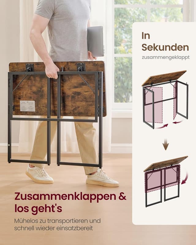 Detalle de VASAGLE Klapptisch LWD151KD01 – kleiner Schreibtisch, klappbar mit 80 x 40 cm Tischplatte