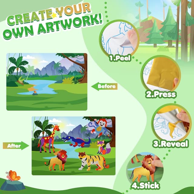 Detalle de URMYWO Folienspaß Kinder: 2-in-1 Kreativ-Folie & Malpapier mit Dinosauriern und Weltraum