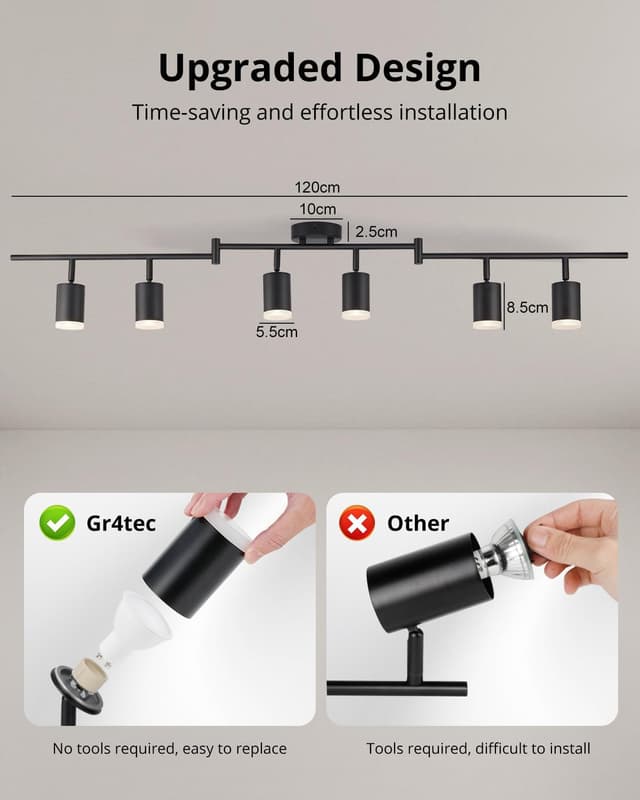 Detalle de Gr4tec 6-flammiger Deckenstrahler mit GU10 für Halo-Effekt, schwenkbar in Schwarz (ohne Leuchtmittel)