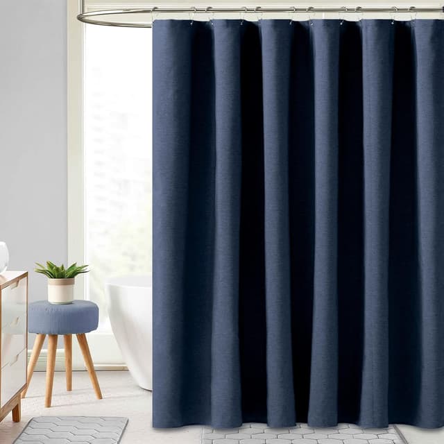 Detalle de BTTN Navy Blue Linen-Textured Heavy-Duty Waterproof Shower Curtain Set (72x72) with 12 Plastic Hooks