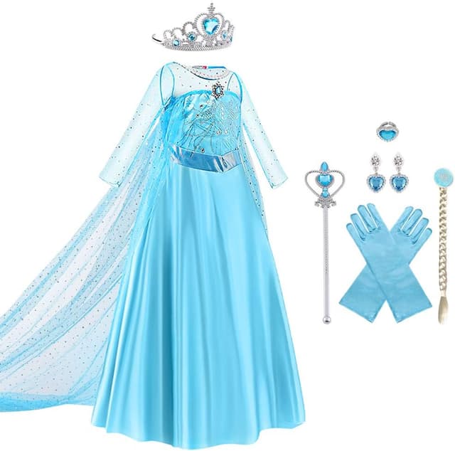Detalle 2 de URAQT Princess Dress Up Costume for Girls – blue deluxe fancy dress with accessories