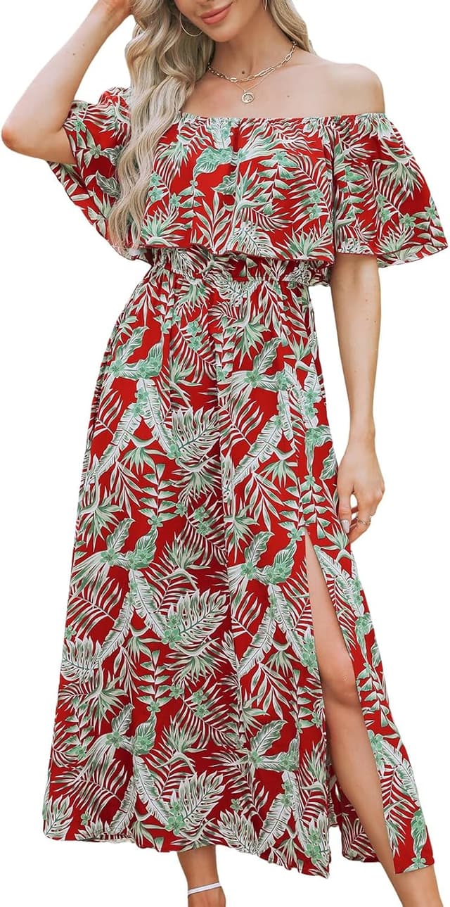 Detalle de CUPSHE Abito maxi da donna a trapezio con spalle scoperte e volant tropicale