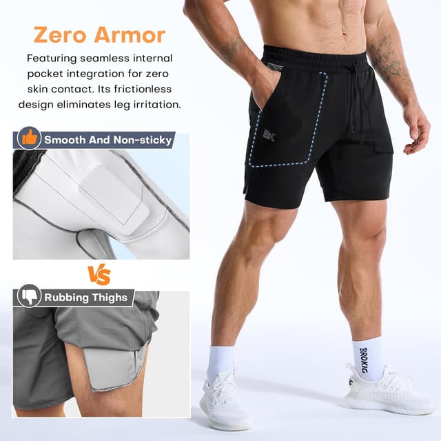 Detalle de BROKIG Mens Zero Armor Gym Shorts with Zip Pockets