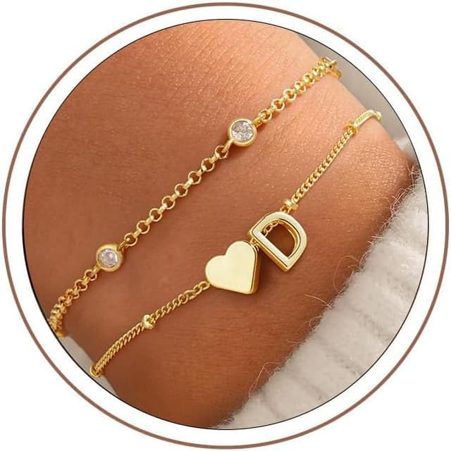 Detalle 2 de Turandos Initialenarmband mit Herz und Buchstaben (herzförmiges Schmuckdesign, 14K vergoldet, Zirkonia)