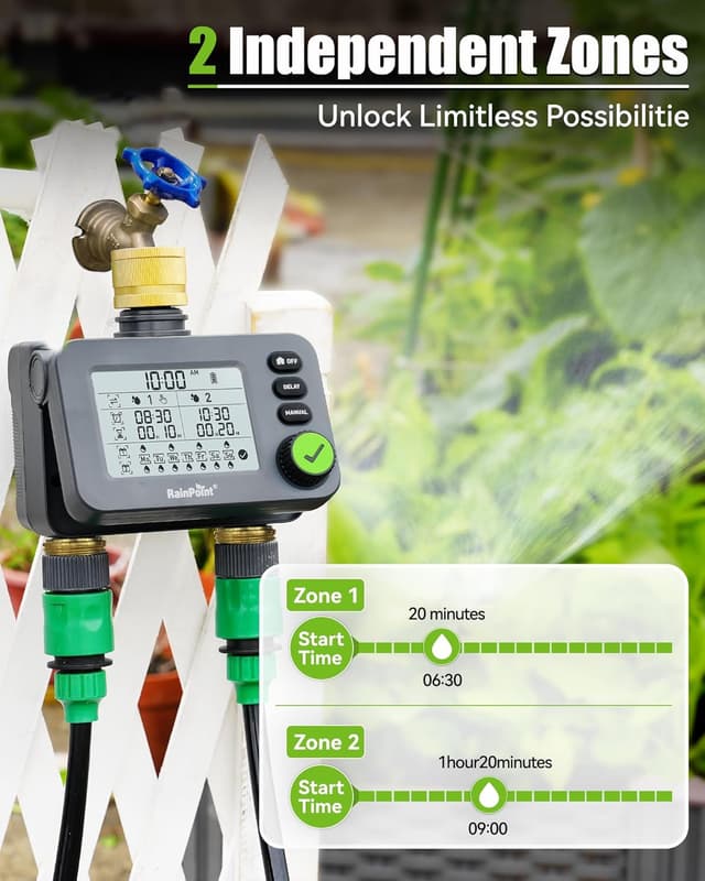 Detalle 2 de RAINPOINT Centralina irrigazione con 2 uscite, timer con ritardo pioggia, IP54 e LCD grande (ingresso/uscita in ottone)