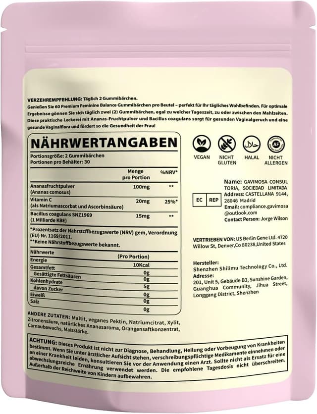 Detalle de Feminine Balance Gummies mit Ananas & Vitamin C – vegan & zuckerfrei, 60 Stück (30 Portionen)