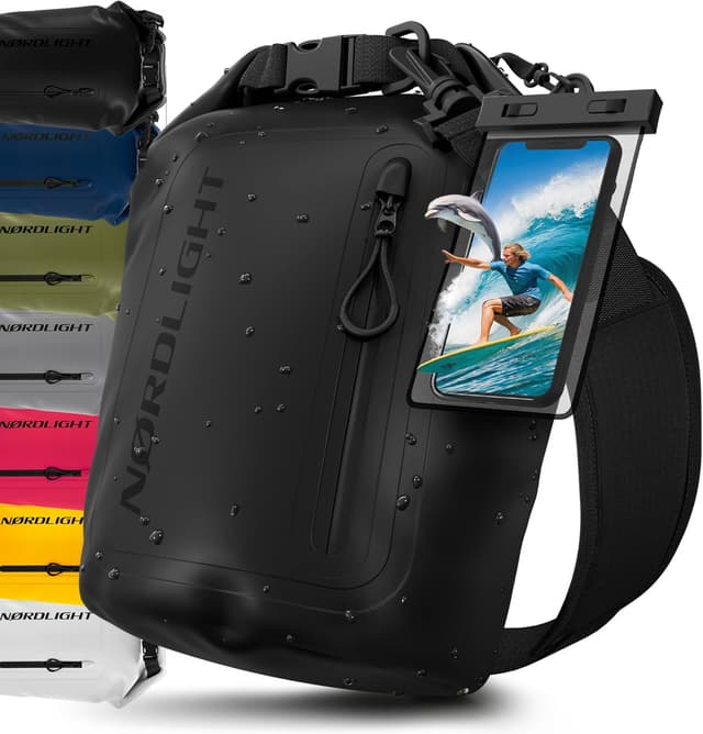 Detalle de Nordlight Dry Bag wasserdichte Tasche mit Handyhülle und Roll-Top (30 Liter) – Schwarz
