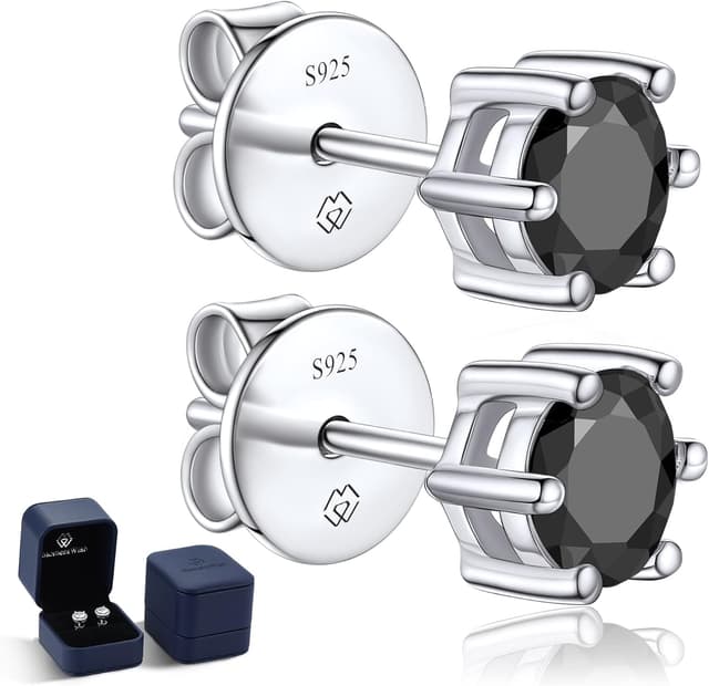 Detalle de MomentWish schwarze Moissanite Ohrstecker in 925 Sterling Silber (Solitäre Look) – 1 Karat pro Paar, 5/5,5/6,5 mm