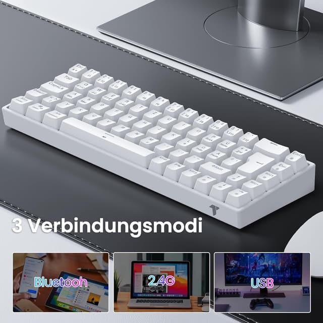 Detalle de TECURS Gaming-Tastatur mechanisch 65% QWERTZ (DE) – kabellos per Bluetooth/2,4 GHz oder mit Kabel, RGB, rote Schalter