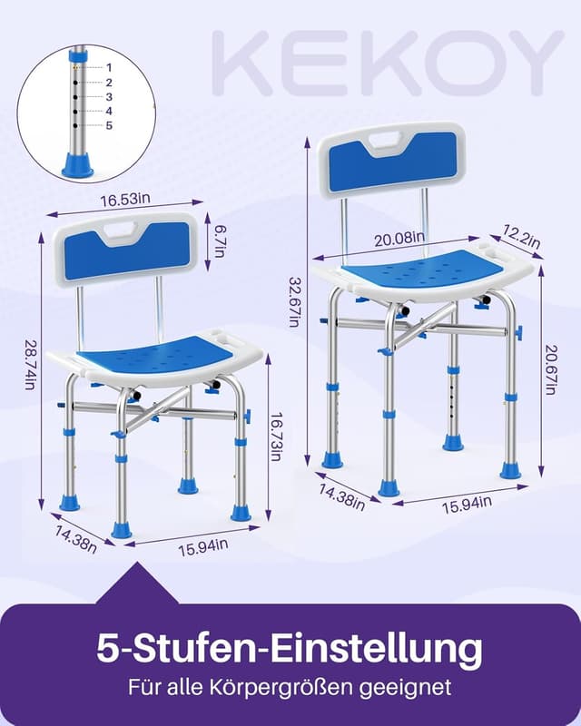 Detalle de KEKOY Duschhocker mit Lehne (2-in-1) – höhenverstellbarer Duschstuhl für Senioren & eingeschränkte Mobilität, Blau