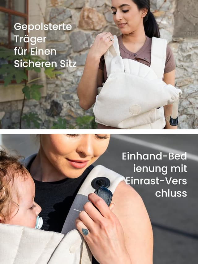 Detalle 2 de Grownsy Babytrage mit Ein-Klick-Schnalle und Kopfstütze (3–20 kg), ergonomisch & leicht – Cremeweiß