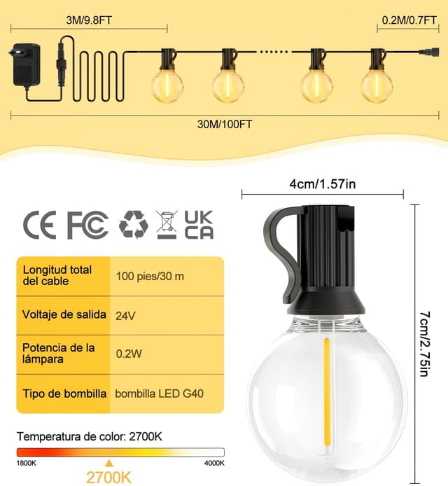 Detalle de Guirlande LED d’extérieur SAEIHGAE 30 m avec ampoules G40 – câble IP44, lumière chaude
