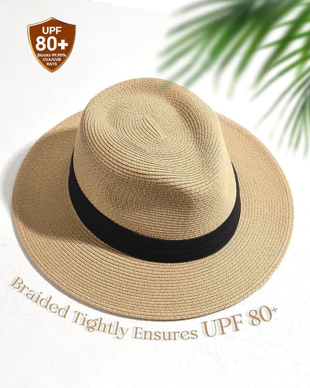 Detalle de FURTALK Wide Brim Panama Hat Fedora Straw Sun Hat (UPF 80+)