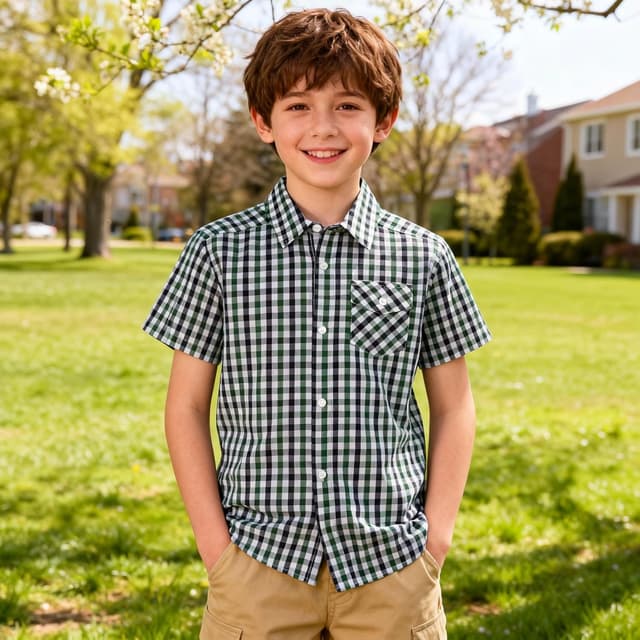 Detalle 2 de Bienzoe Boys Checked Shirt for Son – Kids short sleeve button-up for school, church and parties