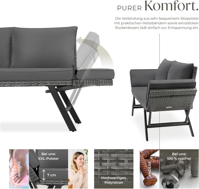 Thumbnail 3 de tectake Rattan Loungesofa 2in1 Klapparmlehnen