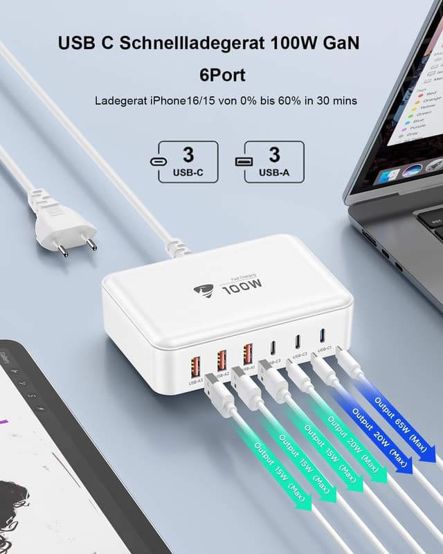 Thumbnail 1 de USB C LadegerĂ€t 100W Mehrfachanschluss đ