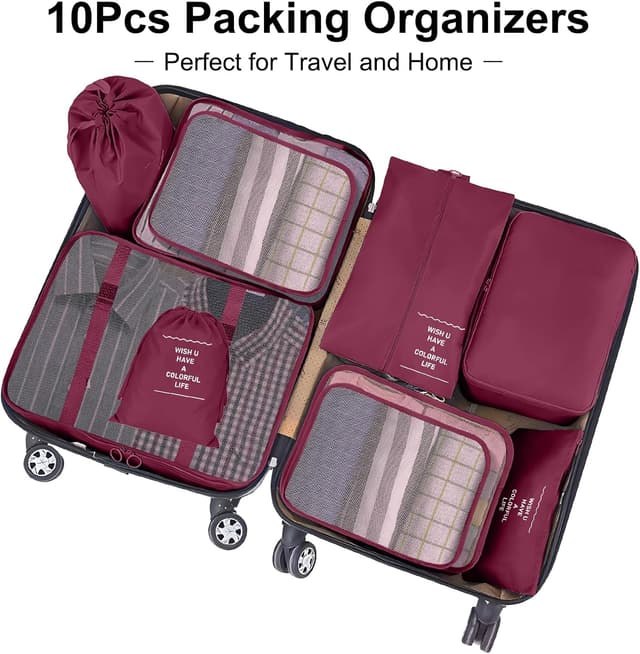 Detalle de TXBOBECO Koffer Organizer Set (10-teilig) – Packing Cubes und Packtaschen in Burgunderrot