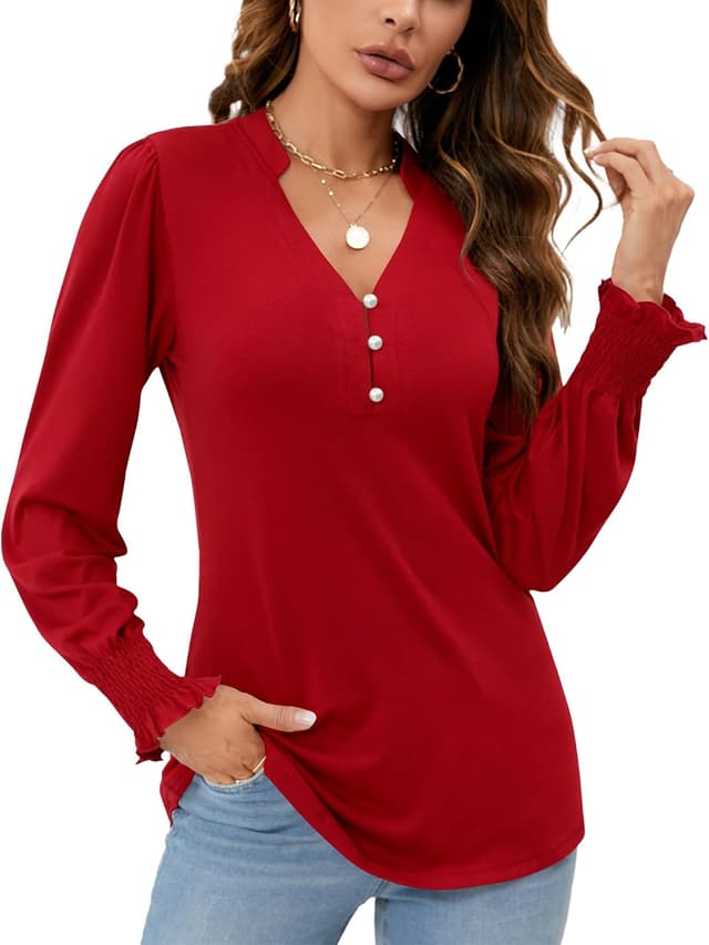 Detalle 2 de Rapbin Women’s V-Neck Puff Long Sleeve Top with Pearl Buttons & Pleated Cuffs