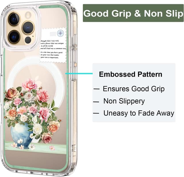 Detalle de Unov iPhone 16 Pro Max MagSafe-compatible clear case with embossed Rose Bouquet design