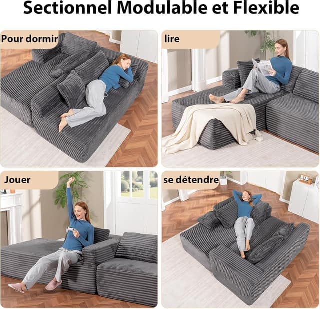 Detalle 2 de COMHOMA Canapé d’angle en forme de L modulable 3 places en velours côtelé gris