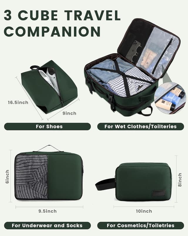 Detalle de LOVEVOOK Reiserucksack Handgepäck fürs Flugzeug – erweiterbar, Laptopfach bis 17,3 Zoll, dunkelgrün