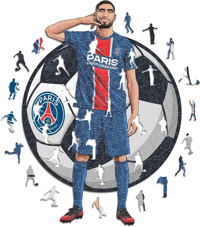 Detalle de Puzzle en bois Iconic Puzzles PSG Achraf Hakimi (taille S) – 150 pièces, licence officielle