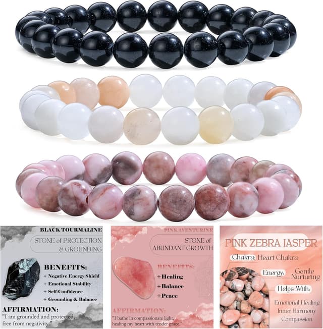 Thumbnail 6 de Bivei set 3 bracciali con pietre naturali: turmalina nera, ossidiana nera e ematite (3 pezzi, elastico)