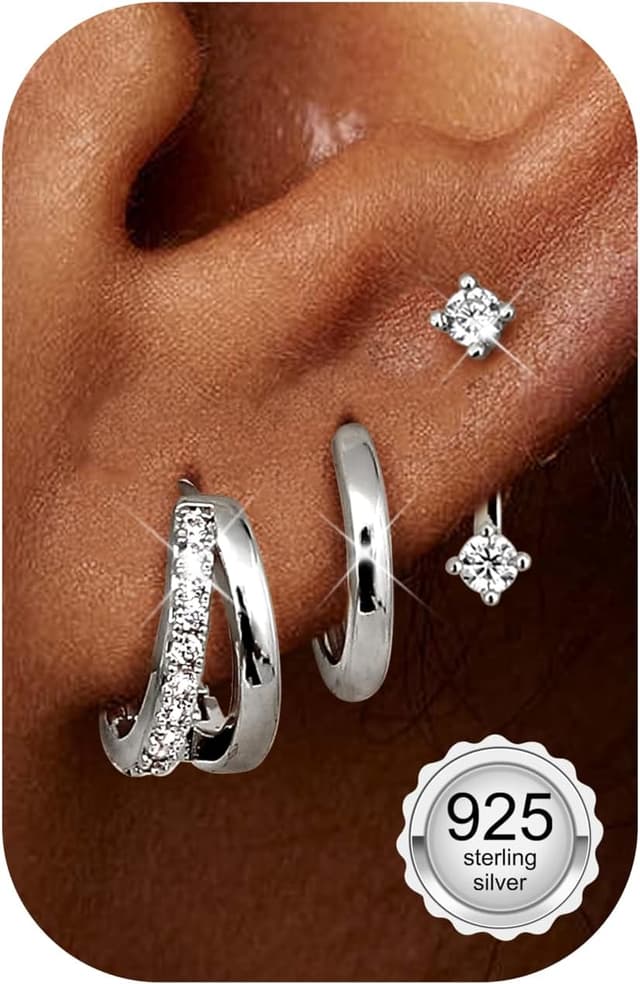 Detalle de Finrezio 3 Paar Ohrringe aus Silber 925 für Damen – Creolen, Huggie und Ohrstecker (hypoallergen)