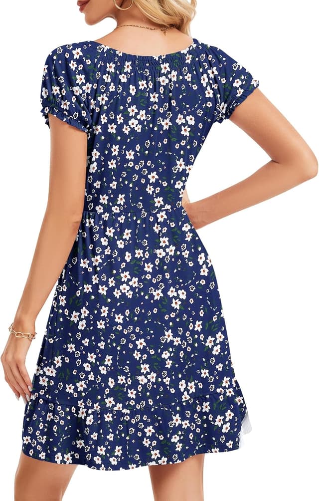 Detalle 2 de AUSELILY Damen Sommerkleid Kurzarm Puffärmel – Minikleid mit Taschen und hoher Taille