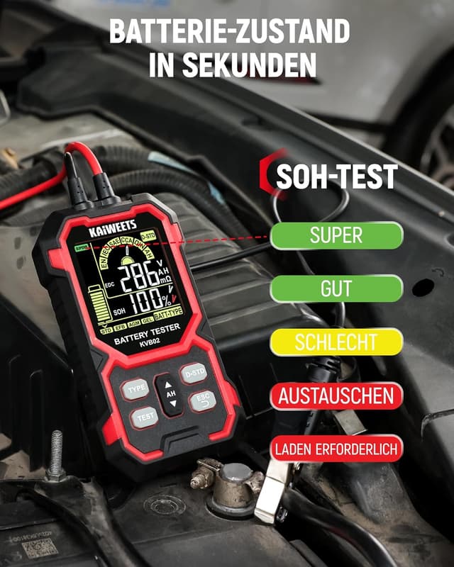 Detalle de KAIWEETS Batterietester KFZ 12V/24V digital mit Kelvin-Technologie (KFZ, SUV, Motorrad)