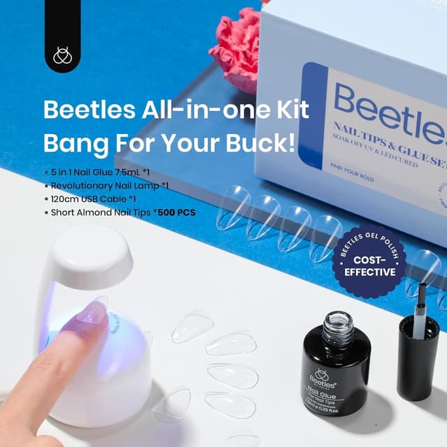 Detalle de Beetles Gel-Nagelspitzen-Set Mandel mit 9-in-1-Nagelkleber und UV-LED-Lampe (500 Stück)