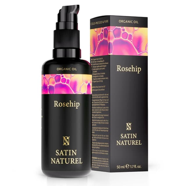 Detalle de Satin Naturel BIO Rosenöl (Wildrosenöl) 50 ml – kaltgepresstes Hagebuttenkernöl für Gesicht, Körper, Haare