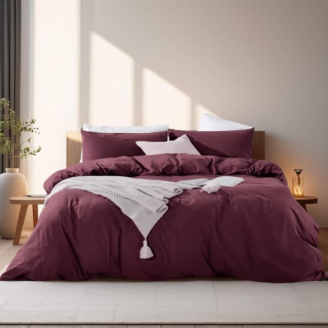 Detalle de NEXHOME PRO Queen Linen-Look Duvet Cover Set in Washed Cotton (Burgundy Dark Red)