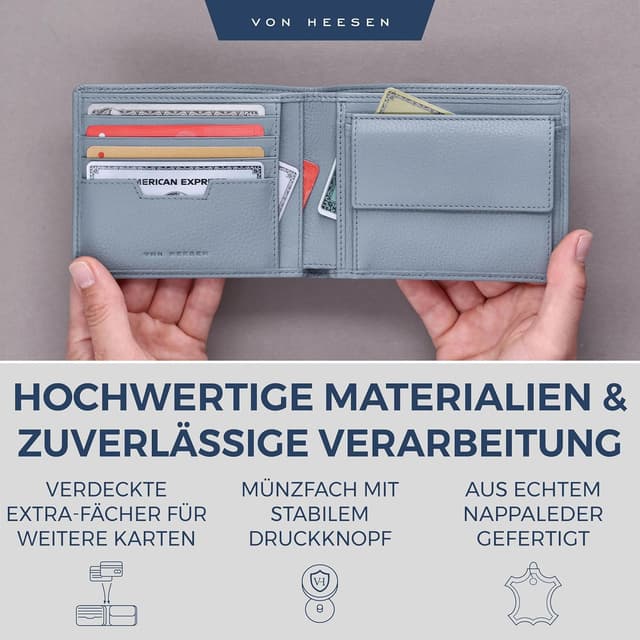 Detalle de VON HEESEN Leder-Geldbörse mit RFID-Schutz (Hellblau) – Echtleder Wallet für Damen & Herren