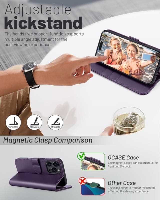 Detalle 2 de OCASE iPhone 16 Pro Hülle mit Kartenfach, Standfunktion & RFID-Schutz (PU-Leder, dunkelviolett)