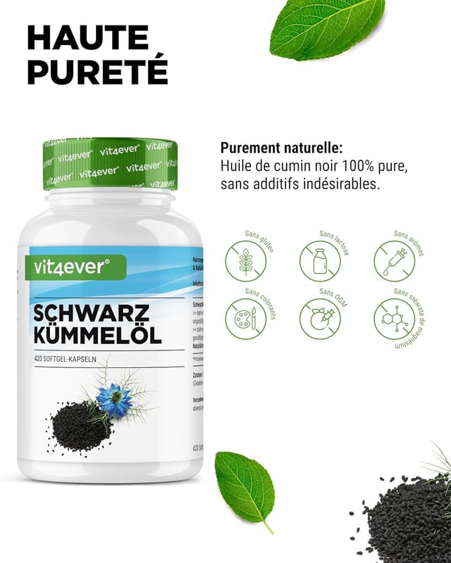 Detalle de Huile de Cumin Noir (Nigella sativa) – 420 capsules – 1000 mg par portion Journalière