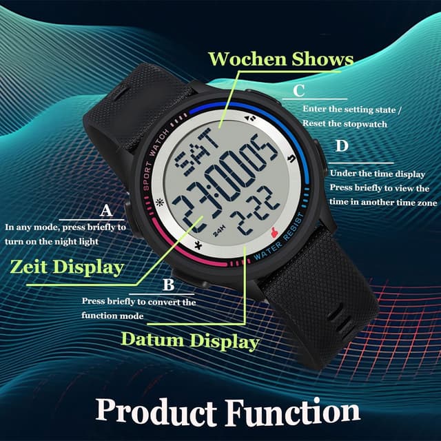 Thumbnail 6 de findtime Digital-Damenuhr mit 5ATM, Dualzeit & Countdown – Rosa, mit Leuchtziffern