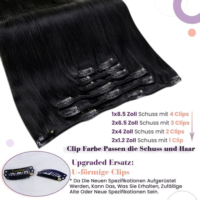 Detalle 2 de LaaVoo Clip in Extensions Echthaar Schwarz 45cm