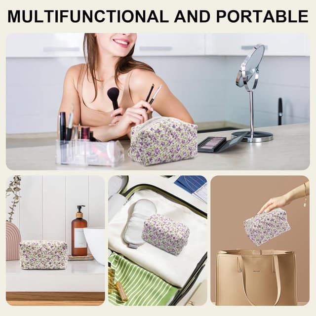 Detalle de Long Keeper Floral Small Makeup Bag (Purple) – 18 x 18 x 10 cm Cotton Cosmetic & Travel Toiletry Pouch