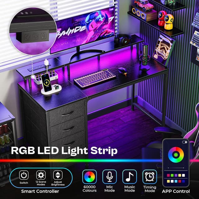 Detalle de Huuger 47 Inch Computer Desk with Power Outlets and LED Lights (4 Drawers, Monitor Stand)