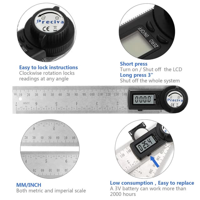 Detalle de Règle d’angle numérique Preciva Rapporteur (400 mm) : écran LCD, maintien et mesure 0–999,9°