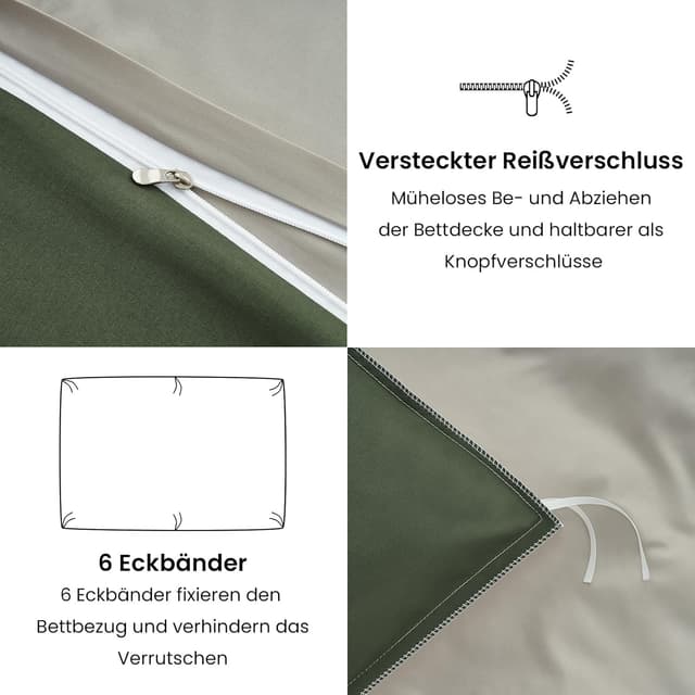 Detalle de Duvetnova Wendebettwäsche 200x200 (3-teilig) Olivgrün/Beige – Microfaser mit OEKO-TEX