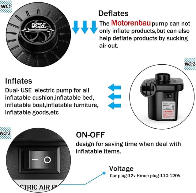 Detalle de Electric Air Pump for Inflatables with 3 Nozzles (220–240V) – Portable Quick-Fill & Deflate Pump