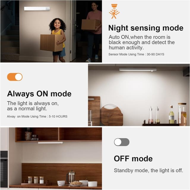 Detalle de daphomeu 5 Pack 30cm Rechargeable Under Cupboard Lights with Motion Sensor (Type-C)