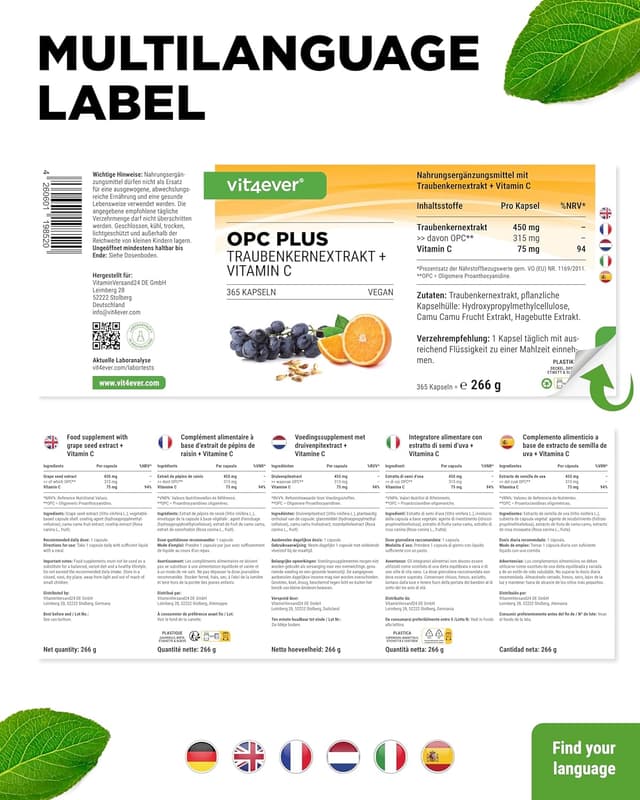 Detalle 2 de vit4ever OPC Traubenkernextrakt + natürliches Vitamin C – 365 Kapseln für 12 Monate (OPC nach HPLC, vegan)