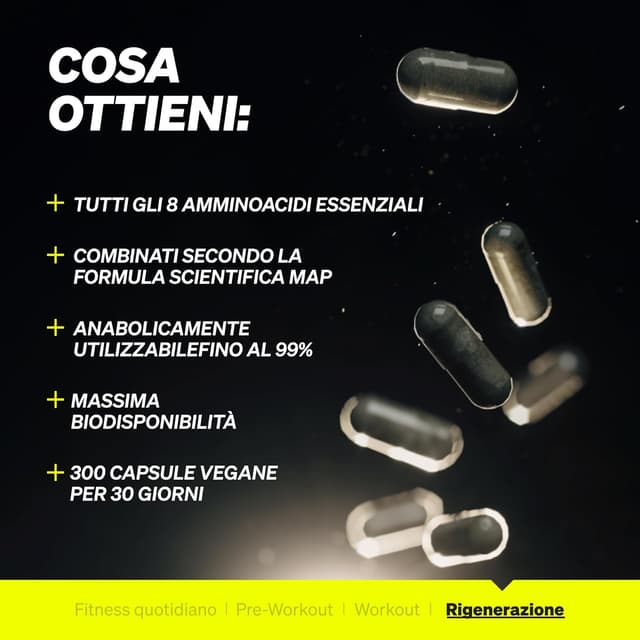Detalle de Capsule EAA ad alto dosaggio Natural Elements – 300 capsule (vegane, senza additivi inutili)