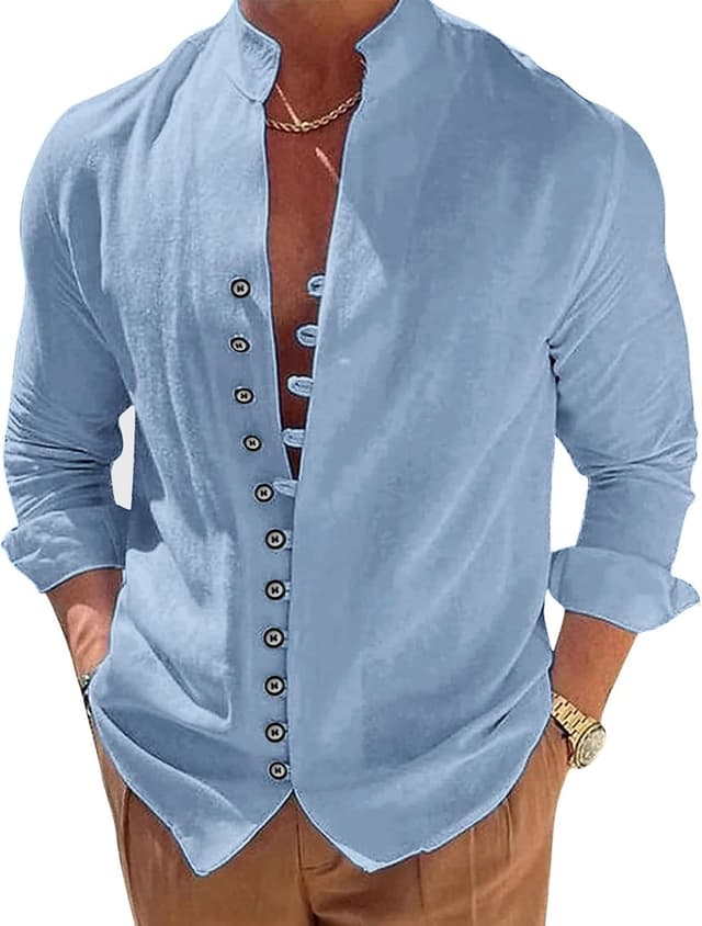 Detalle 2 de NANAMEEI chemise homme en lin et coton à manches longues, col mao boutonné