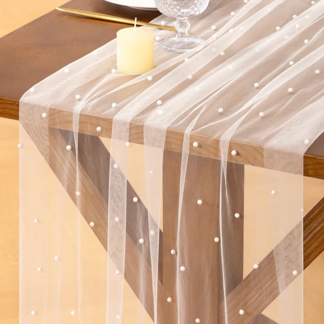 Detalle de Socomi Pearl Tulle Table Runner Gauze (Ivory White) 29" x 120" for Easter, Weddings & Parties