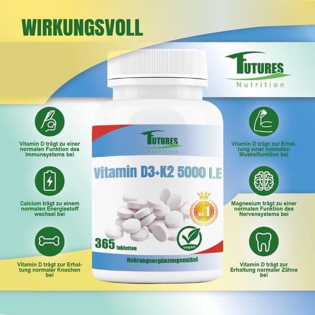 Detalle de FUTURES NUTRITION Vitamin D3 K2 5000 I.E (vegan) – hochdosiert, nur 1 Tablette alle 5 Tage, 365 Tabletten